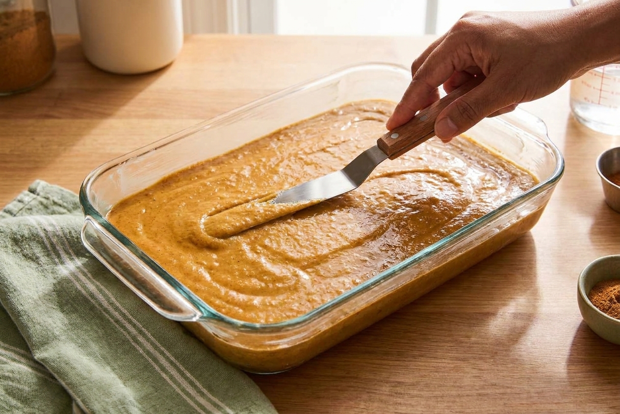 Pumpkin custard mixture poured into a greased glass 9x13 baking dish and smoothed flat with a spatula