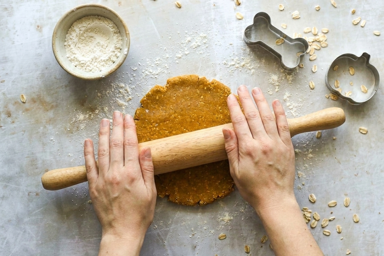 Pumpkin dog treat dough being rolled out with a rolling pin on a lightly floured counter