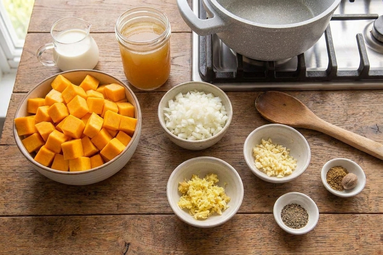 Pumpkin or butternut squash, onion, garlic, ginger, broth, cream, and spices laid out on a bright kitchen counter