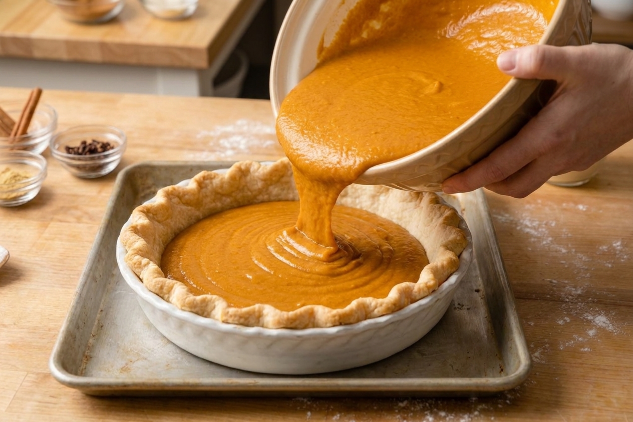 Pumpkin pie filling being poured into a pre-baked pie crust in a ceramic pie dish on a baking sheet