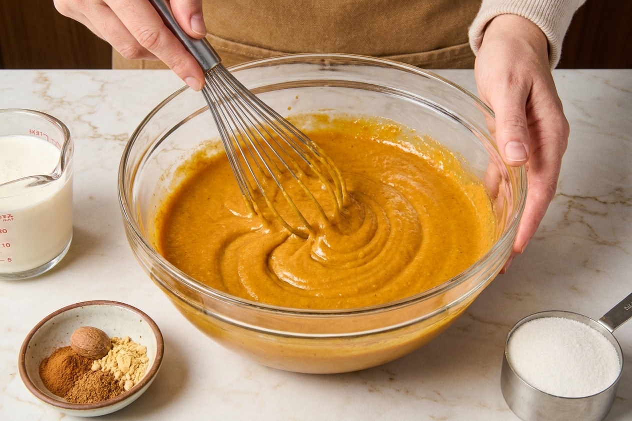 Pumpkin pie filling being whisked in a large glass bowl on a kitchen counter, with spices and measuring cups nearby