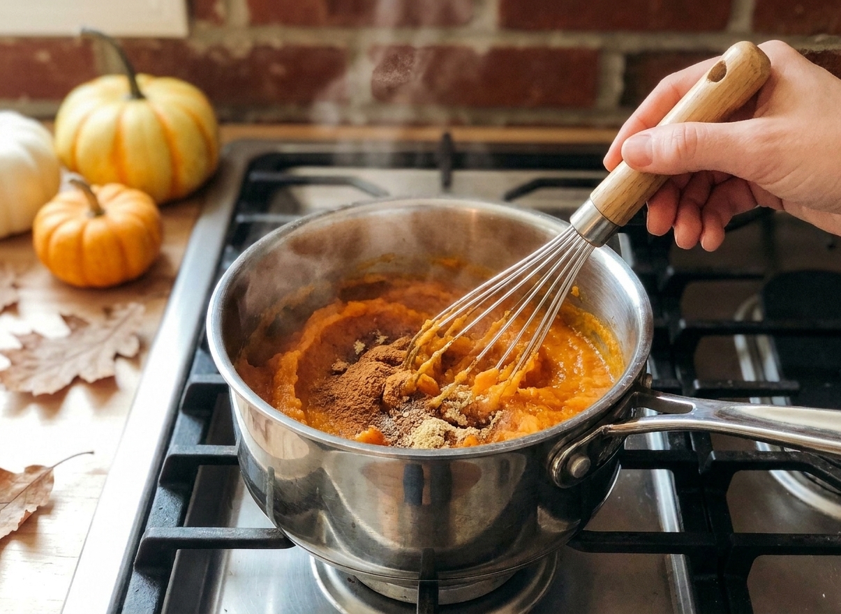 Pumpkin puree and warm spices being whisked together in a small saucepan on a stovetop