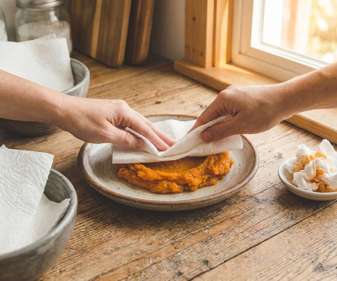 Pumpkin puree being blotted with paper towels on a ceramic plate on a bright kitchen counter