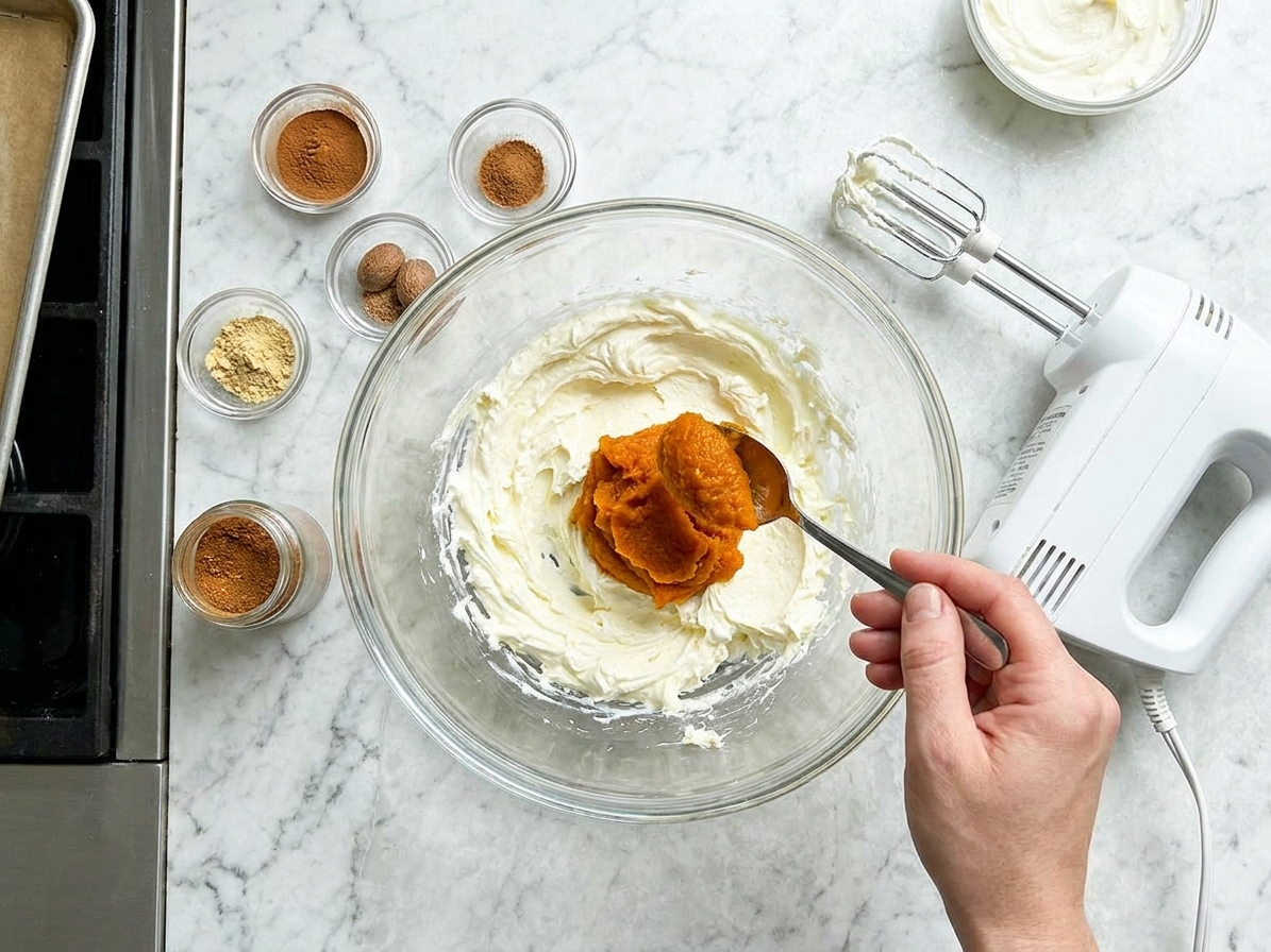 Pumpkin puree being spooned into a mixing bowl with whipped cream cheese and spices nearby on a tidy kitchen counter