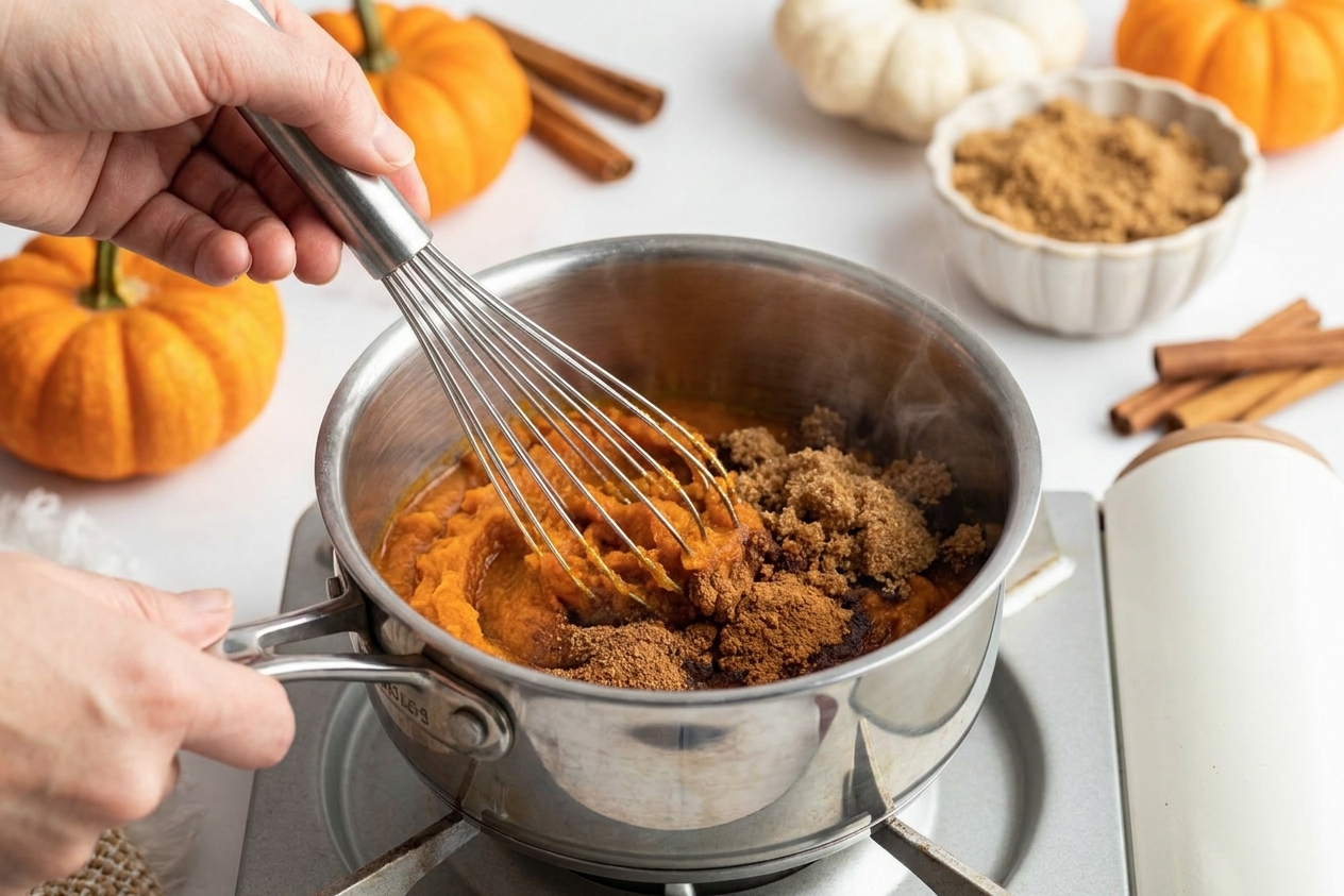 Pumpkin puree being whisked with brown sugar and spices in a small saucepan on a stovetop, with steam just starting to rise