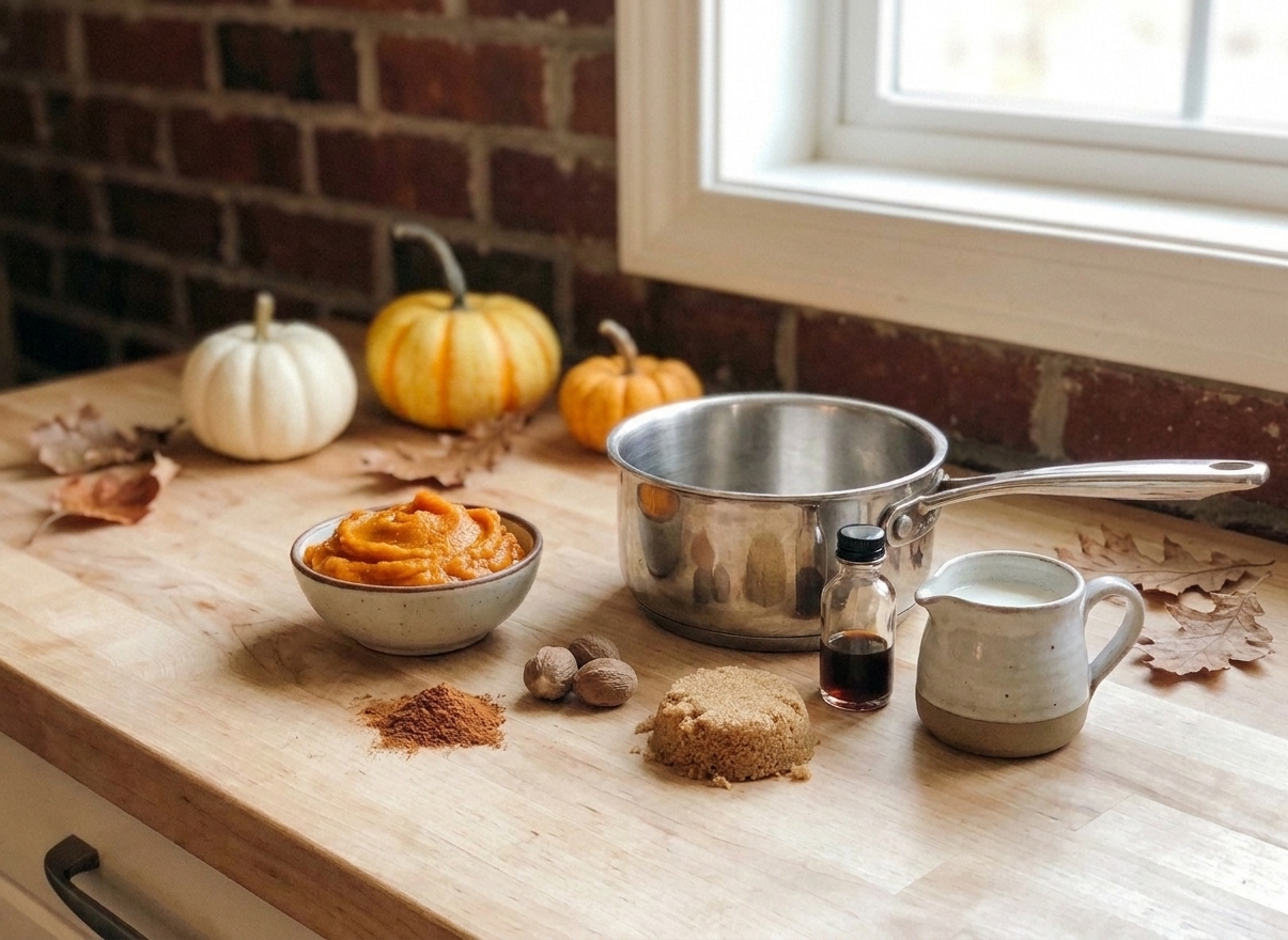Pumpkin puree, cinnamon, nutmeg, brown sugar, vanilla, and milk measured out on a light-colored kitchen counter with a small saucepan nearby