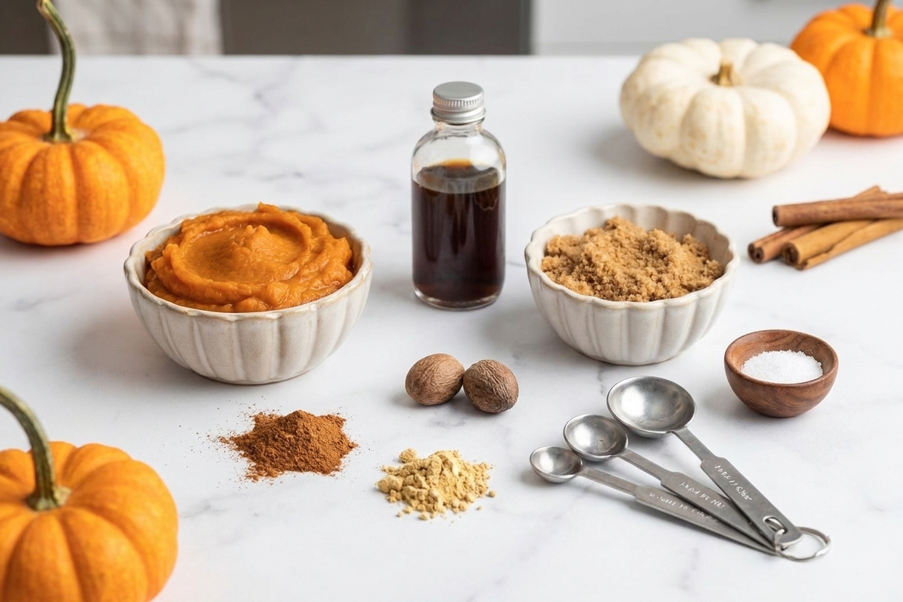 Pumpkin puree, ground cinnamon, nutmeg, ginger, brown sugar, vanilla extract, and a small bowl of salt arranged on a clean kitchen counter with measuring spoons