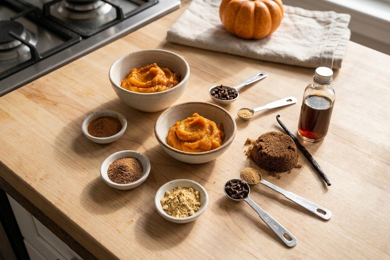 Pumpkin puree, ground cinnamon, nutmeg, ginger, cloves, brown sugar, and vanilla arranged on a light kitchen counter with small measuring spoons