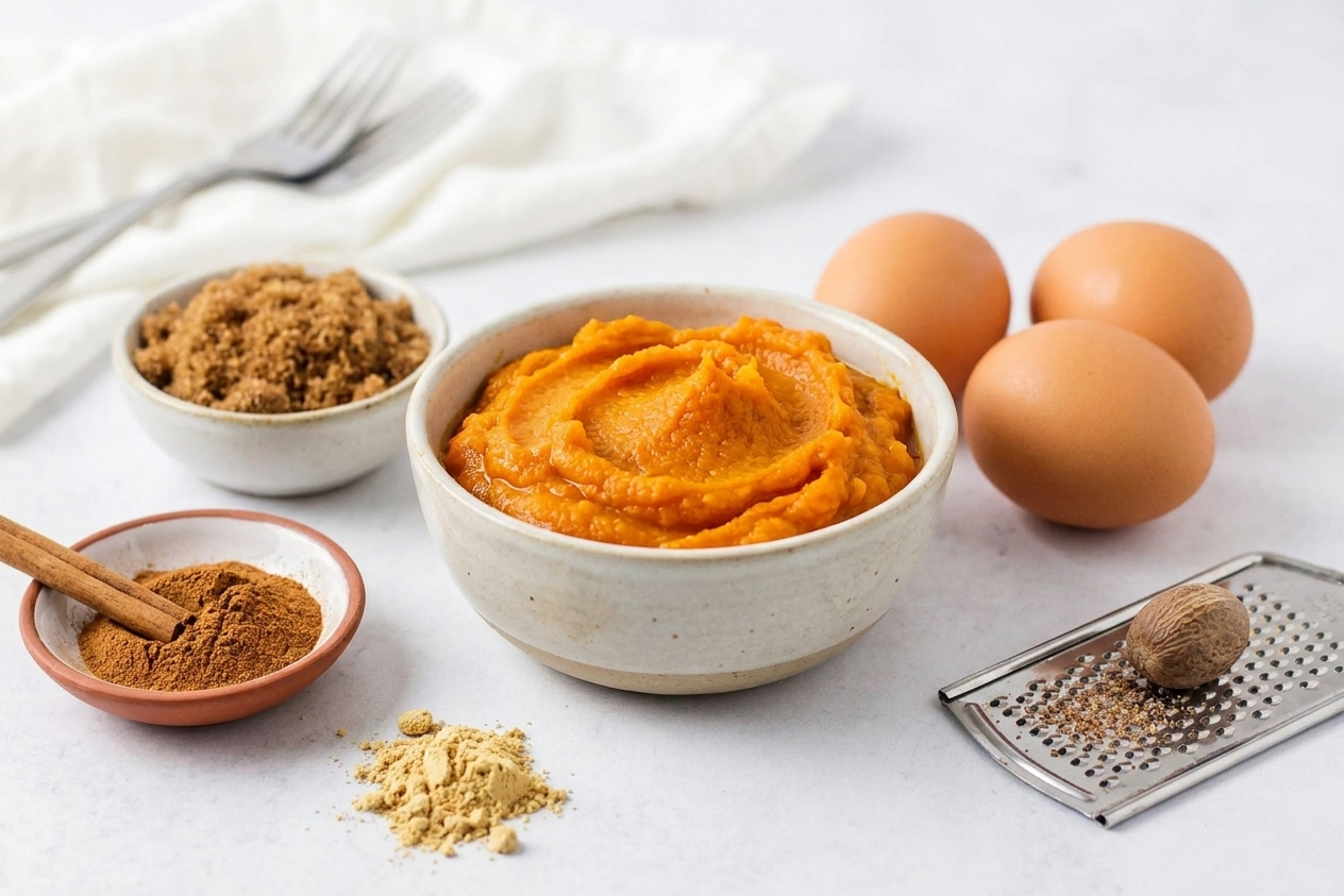 Pumpkin puree in a bowl beside eggs, cinnamon, ginger, nutmeg, and brown sugar on a kitchen counter