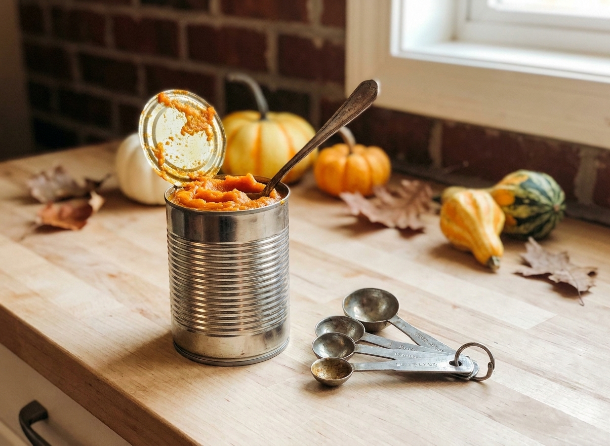 Pumpkin puree in an open can with a spoon beside measuring spoons on a light-colored kitchen counter