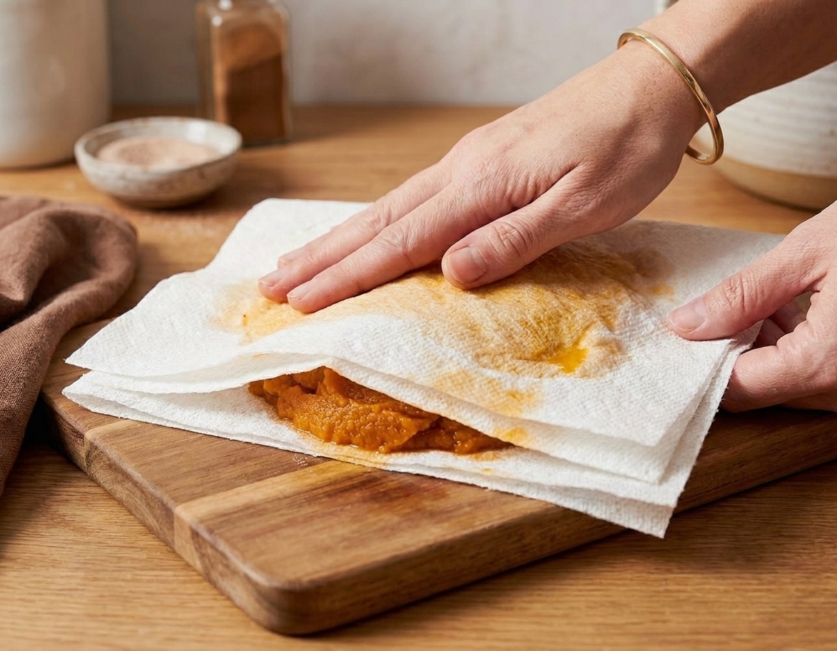 Pumpkin puree pressed between paper towels on a cutting board to remove excess moisture on a clean kitchen counter