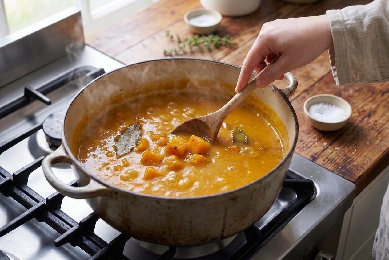 Pumpkin soup base simmering in a pot on the stovetop with visible chunks of pumpkin and bay leaf