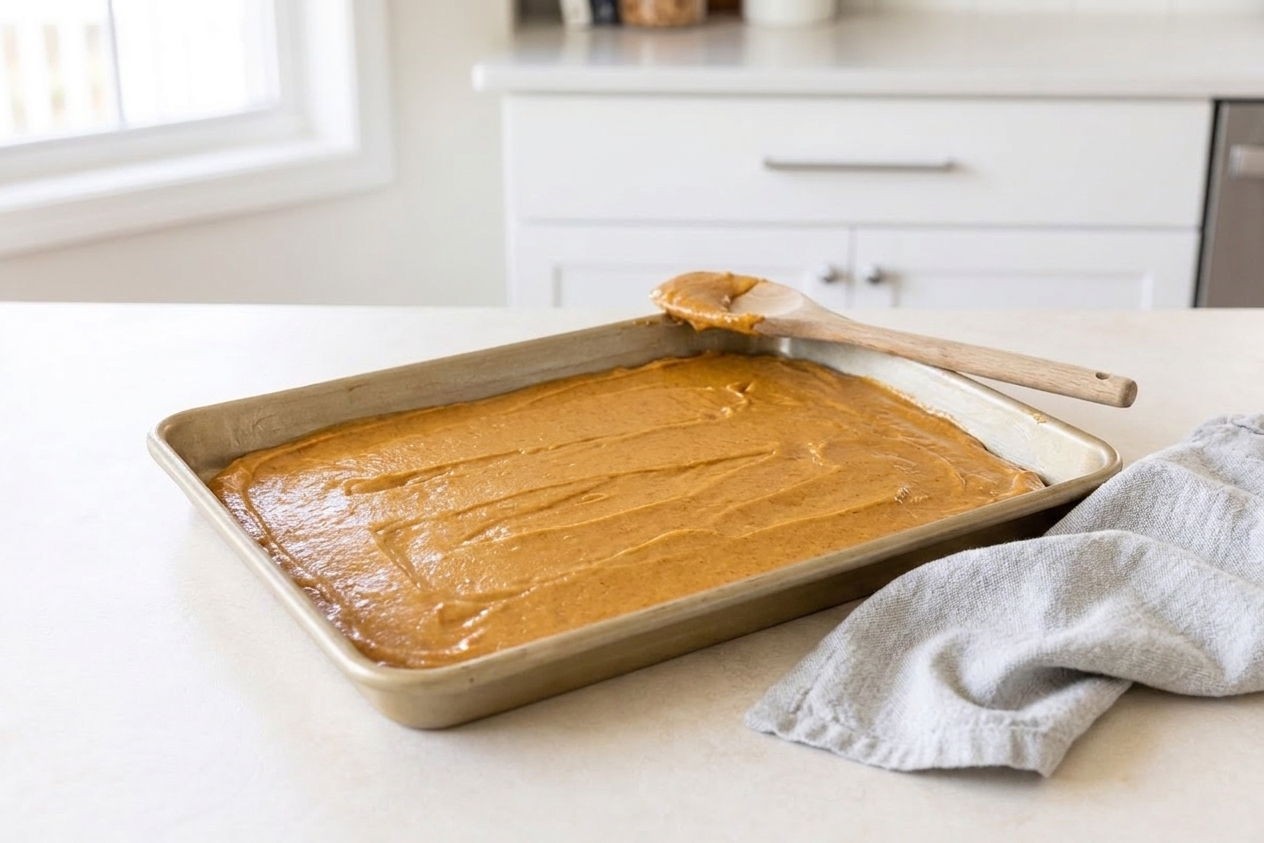 Pumpkin spice cake batter spread evenly in a greased 9 x 13-inch baking pan on a kitchen counter