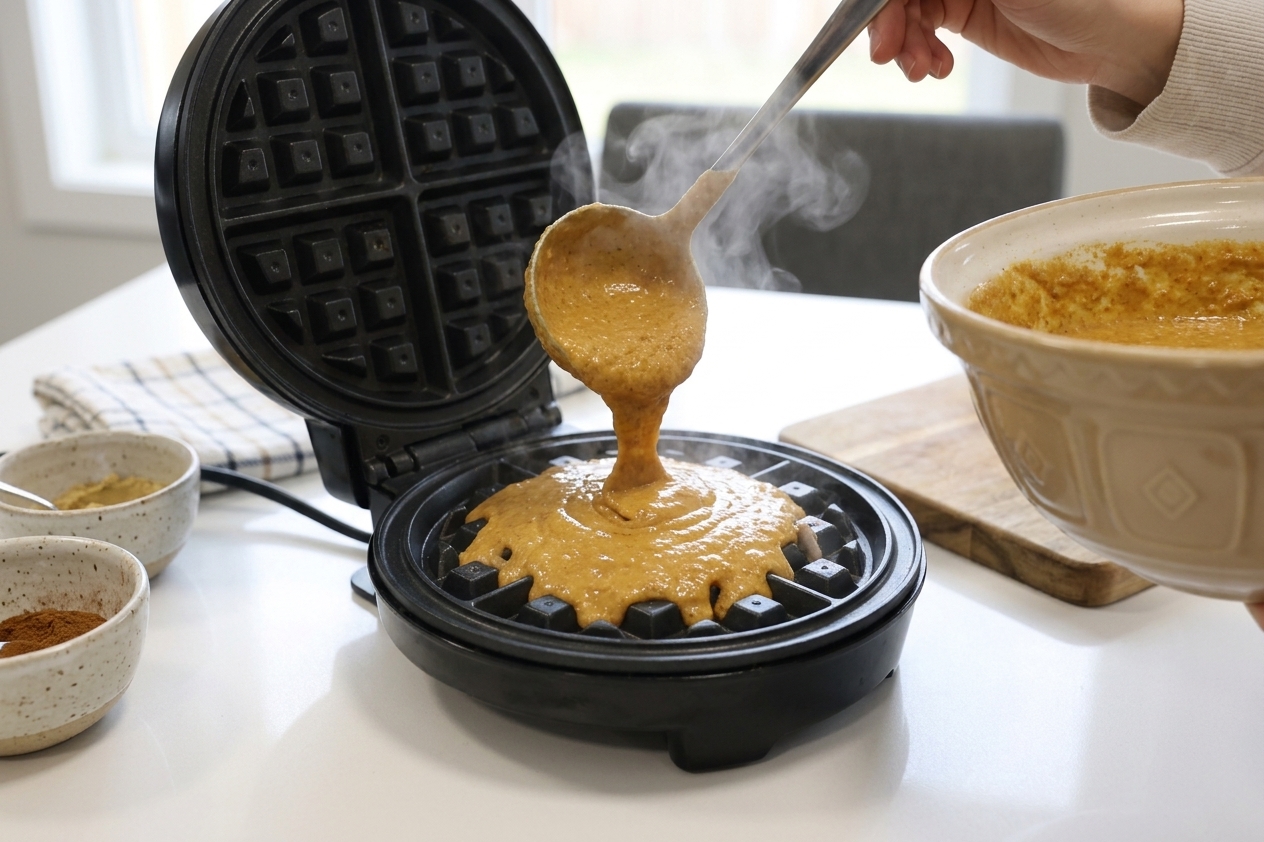 Pumpkin waffle batter being poured into a hot waffle iron with the grid visible, steam beginning to rise