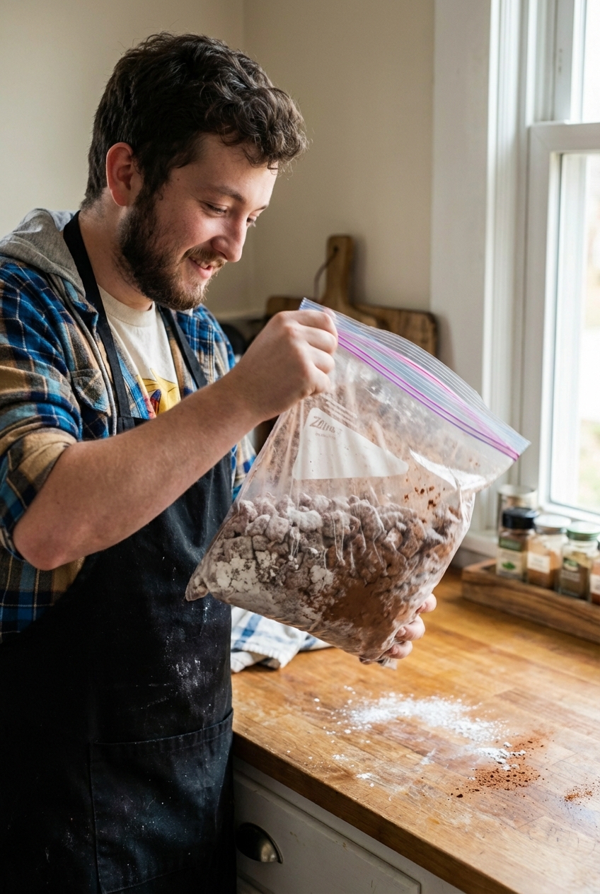 Puppy chow being shaken in a large zip-top bag on a kitchen counter