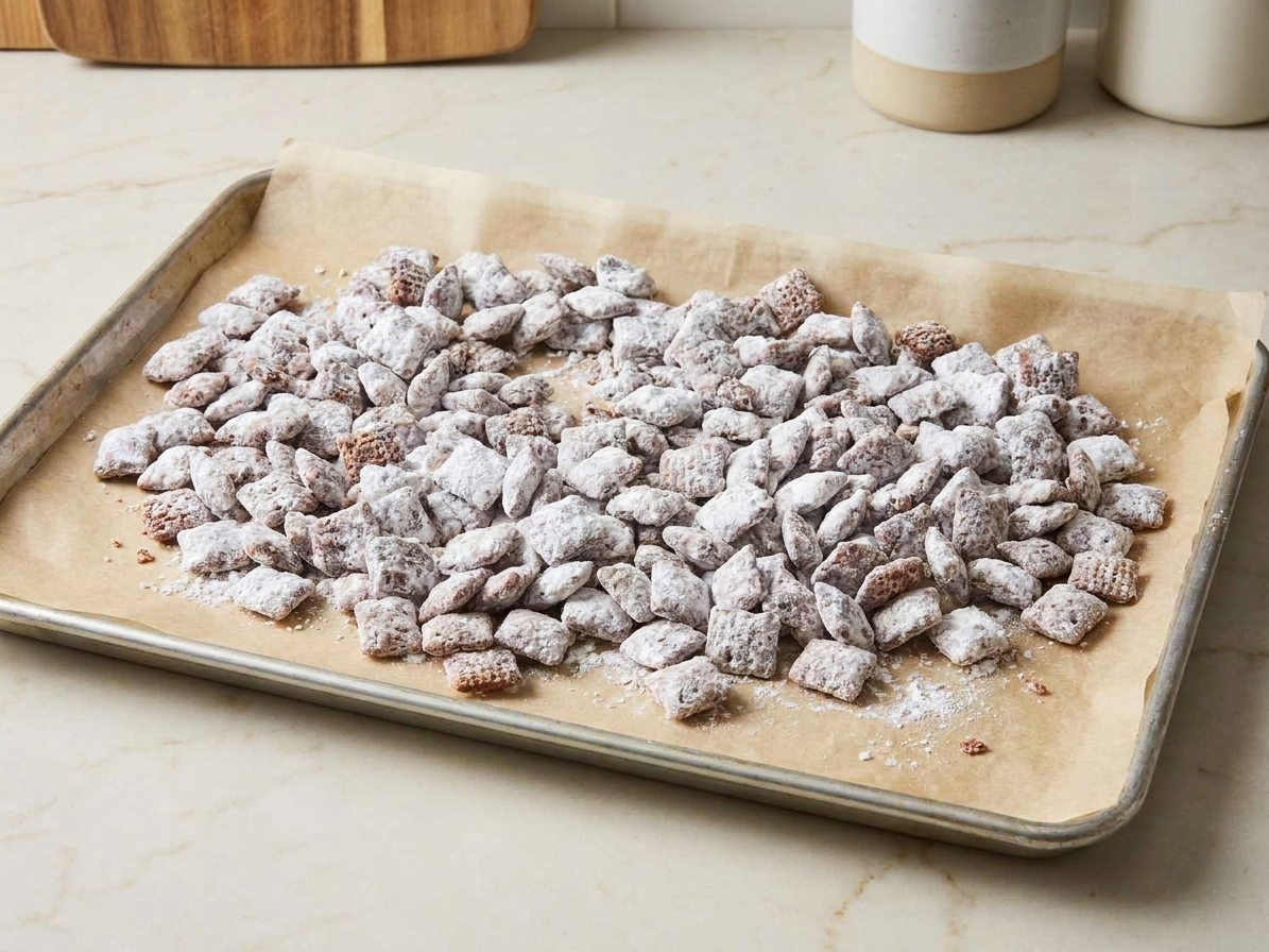 Puppy chow spread out on a parchment-lined baking sheet, cooling in an evenly lit kitchen