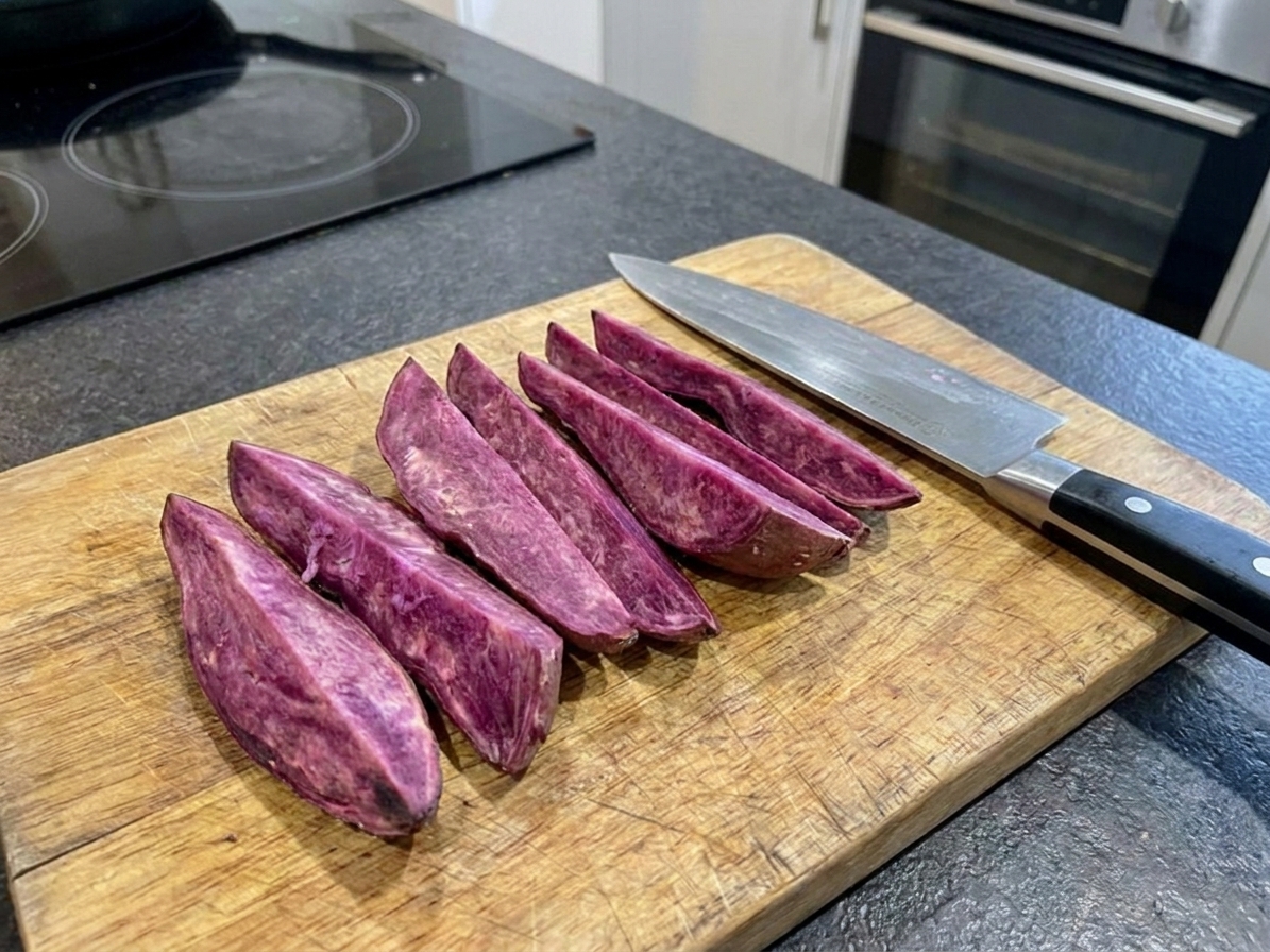 Purple kumara cut into thick wedges on a wooden cutting board with a chef’s knife nearby