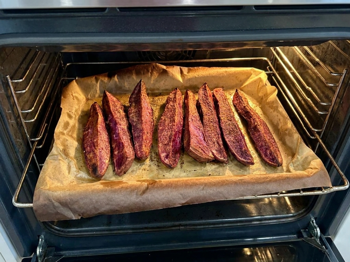 Purple kumara wedges roasting on a parchment-lined sheet pan in a home oven with edges beginning to brown