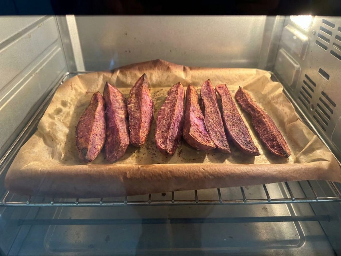 Purple sweet potato wedges roasting on a sheet pan in a home oven with edges starting to brown