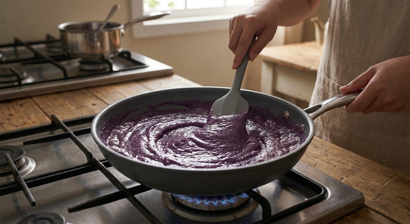 Purple ube mixture being stirred in a wide nonstick skillet on a stovetop with a silicone spatula