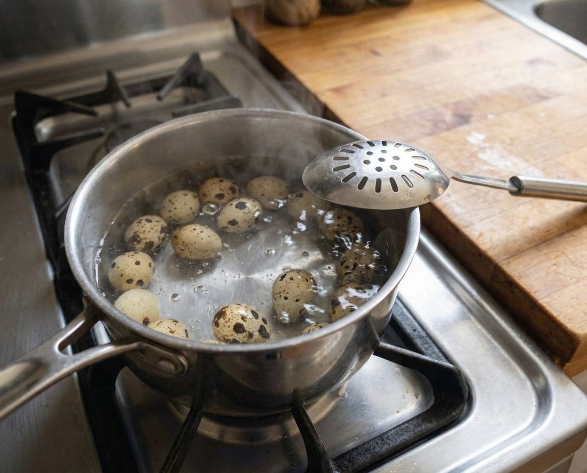 Quail eggs gently simmering in a small saucepan on a stovetop with a slotted spoon resting on the rim