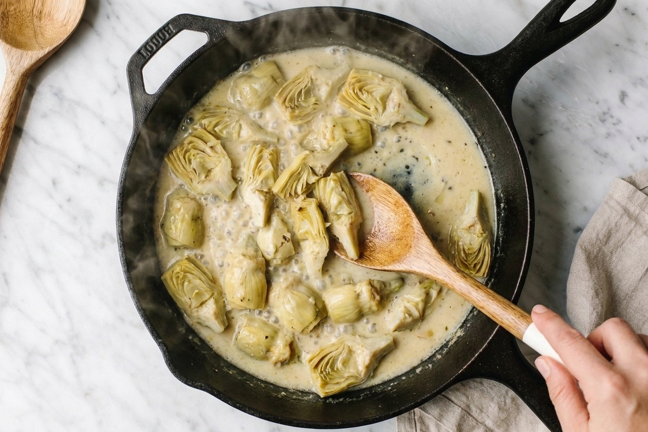 Quartered artichoke hearts simmering in a pale creamy sauce in a skillet with a wooden spoon stirring