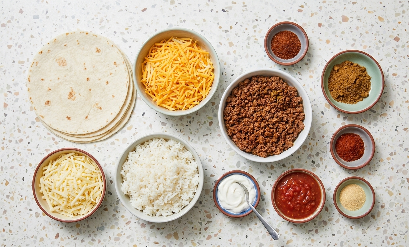 Quesarito ingredients arranged on a kitchen counter, including flour tortillas, shredded cheese, cooked rice, seasoned ground beef, sour cream, salsa, and spices