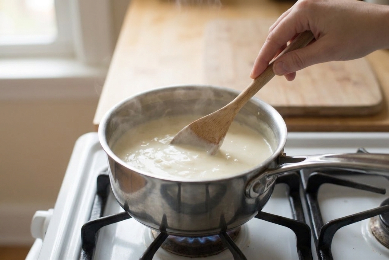 Queso blanco being reheated in a small saucepan on the stove with a wooden spoon stirring, warm kitchen lighting