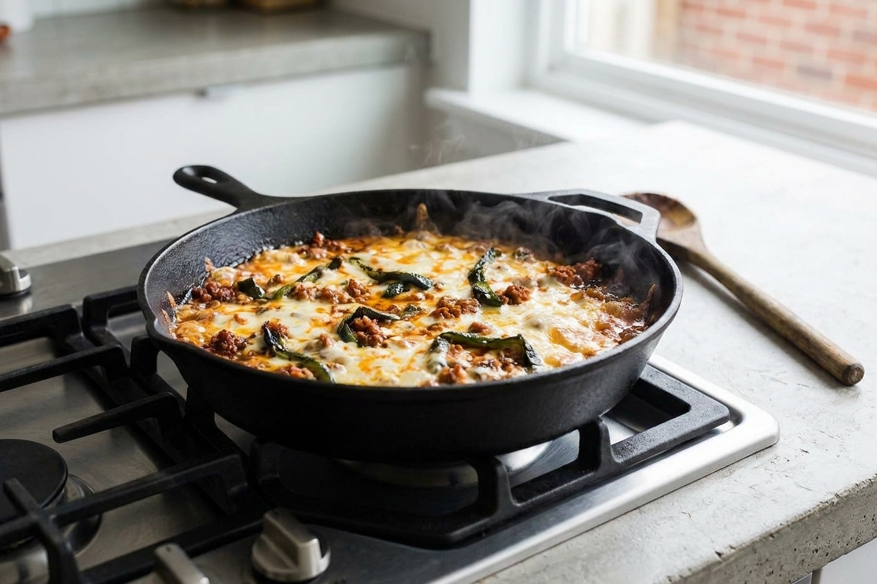 Queso fundido bubbling in a cast iron skillet as the cheese melts over chorizo and poblano strips