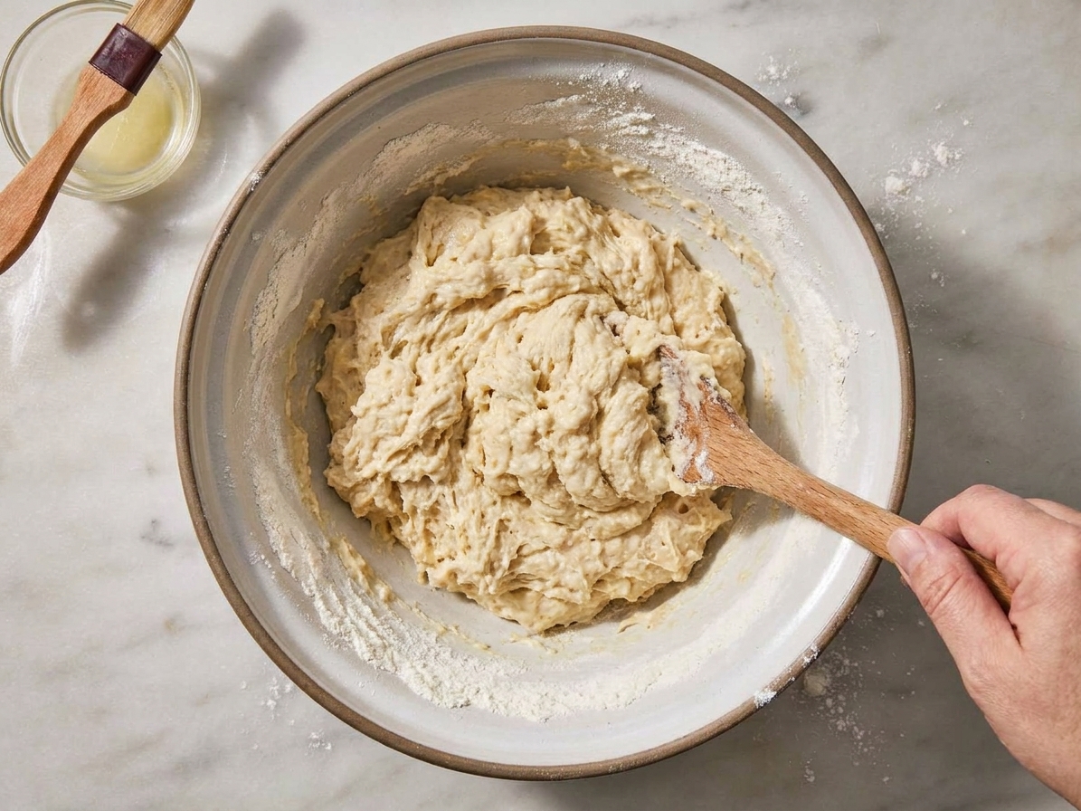 Quick bread bun dough being stirred in a large mixing bowl with a wooden spoon, flour still slightly visible around the edges