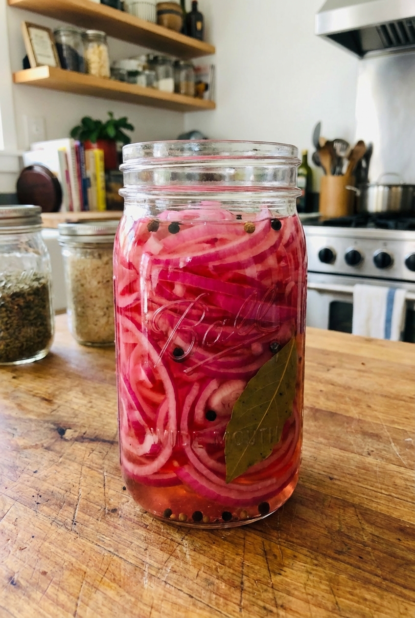 Quick pickled red onions in a glass jar on a counter