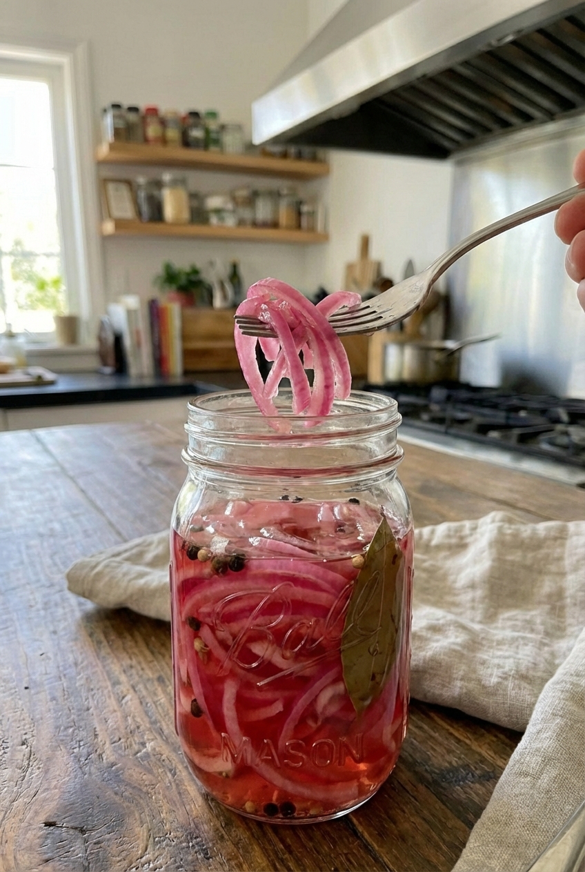 Quick pickled red onions in a jar with a fork lifting a few slices