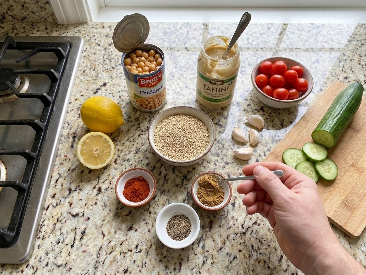 Quinoa, canned chickpeas, lemon, tahini, cucumber, cherry tomatoes, garlic, and spices arranged on a bright kitchen counter
