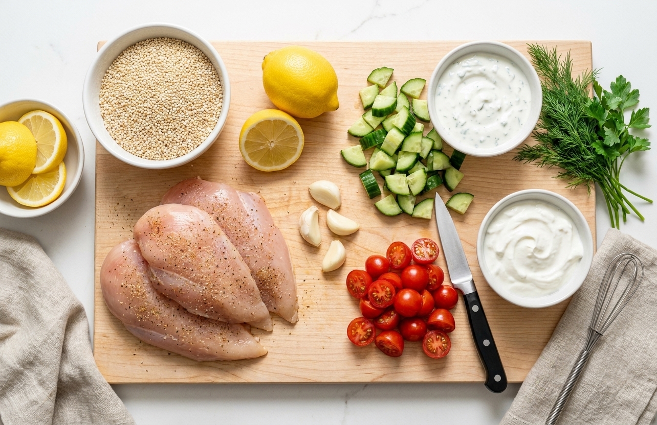Quinoa, chicken breasts, lemons, garlic, cucumbers, tomatoes, Greek yogurt, and fresh herbs arranged on a bright kitchen counter