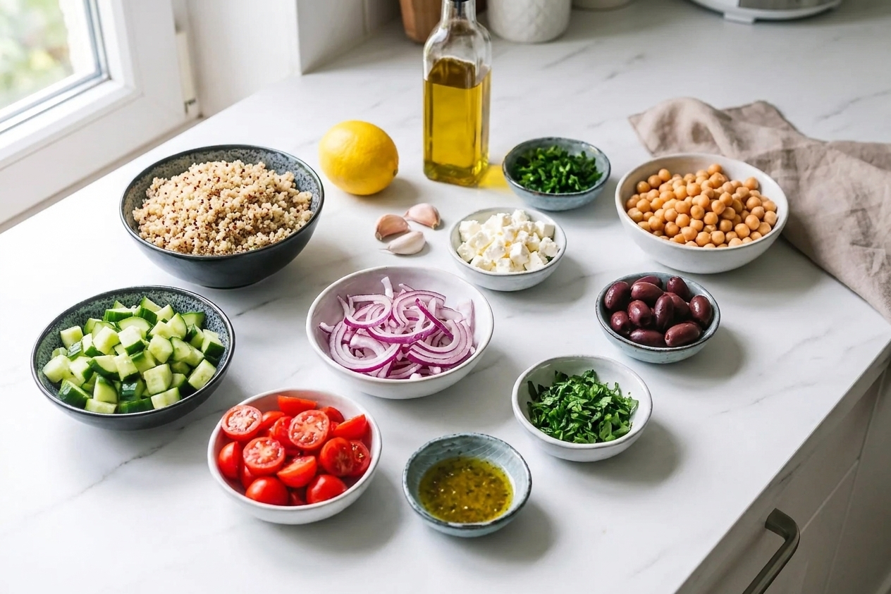 Quinoa, cucumbers, cherry tomatoes, red onion, feta, parsley, chickpeas, olives, lemon, garlic, and olive oil arranged on a clean kitchen counter in natural light