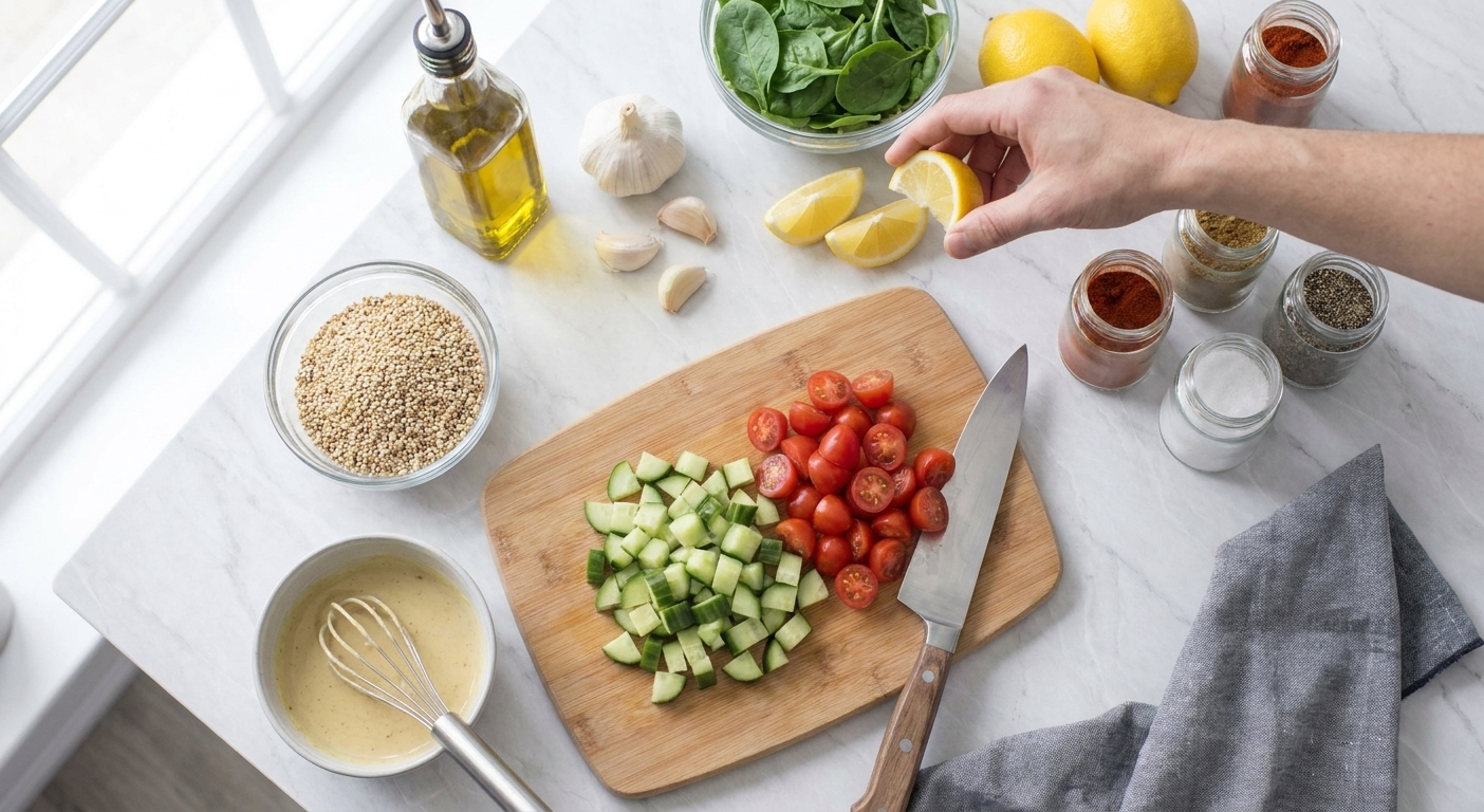 Quinoa, lemons, tahini, garlic, olive oil, cucumbers, cherry tomatoes, spinach, and spices arranged on a bright kitchen counter