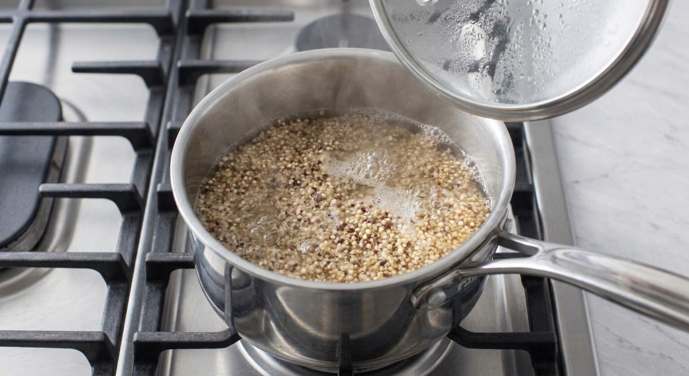 Quinoa simmering in a small saucepan on a stove with the lid slightly ajar