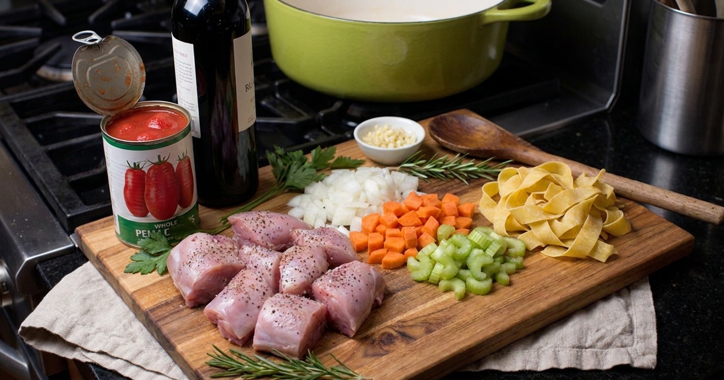 Rabbit pieces, canned tomatoes, red wine, onion, carrot, celery, garlic, rosemary, and pasta arranged together for rabbit ragu