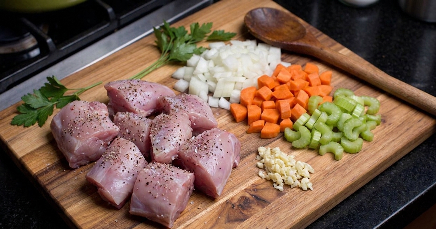 Rabbit pieces seasoned with salt and pepper next to chopped onion, carrot, celery, and garlic, ready to be browned