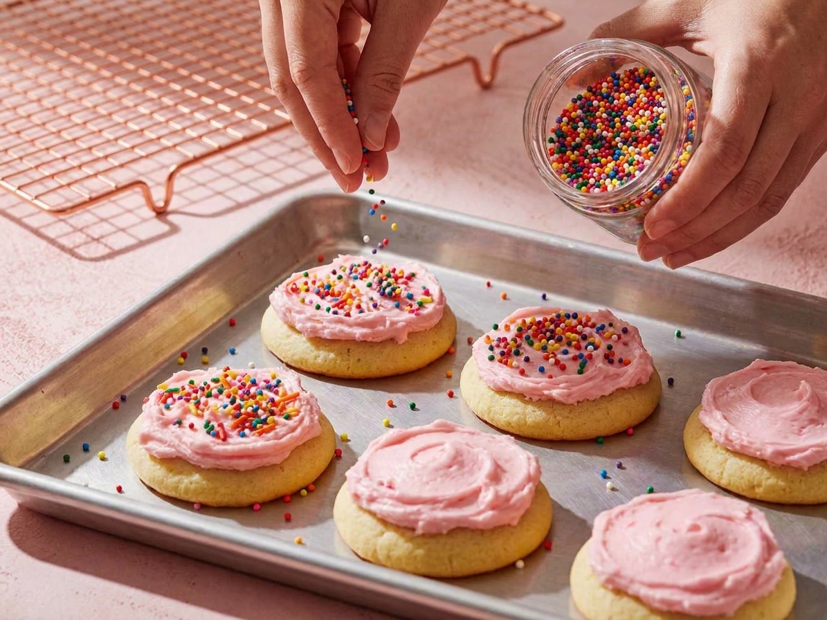 Rainbow nonpareils being sprinkled over freshly frosted pink sugar cookies on a baking sheet