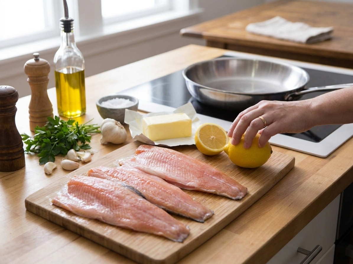 Rainbow trout fillets, butter, lemon, garlic, parsley, salt, pepper, and olive oil arranged on a bright kitchen counter