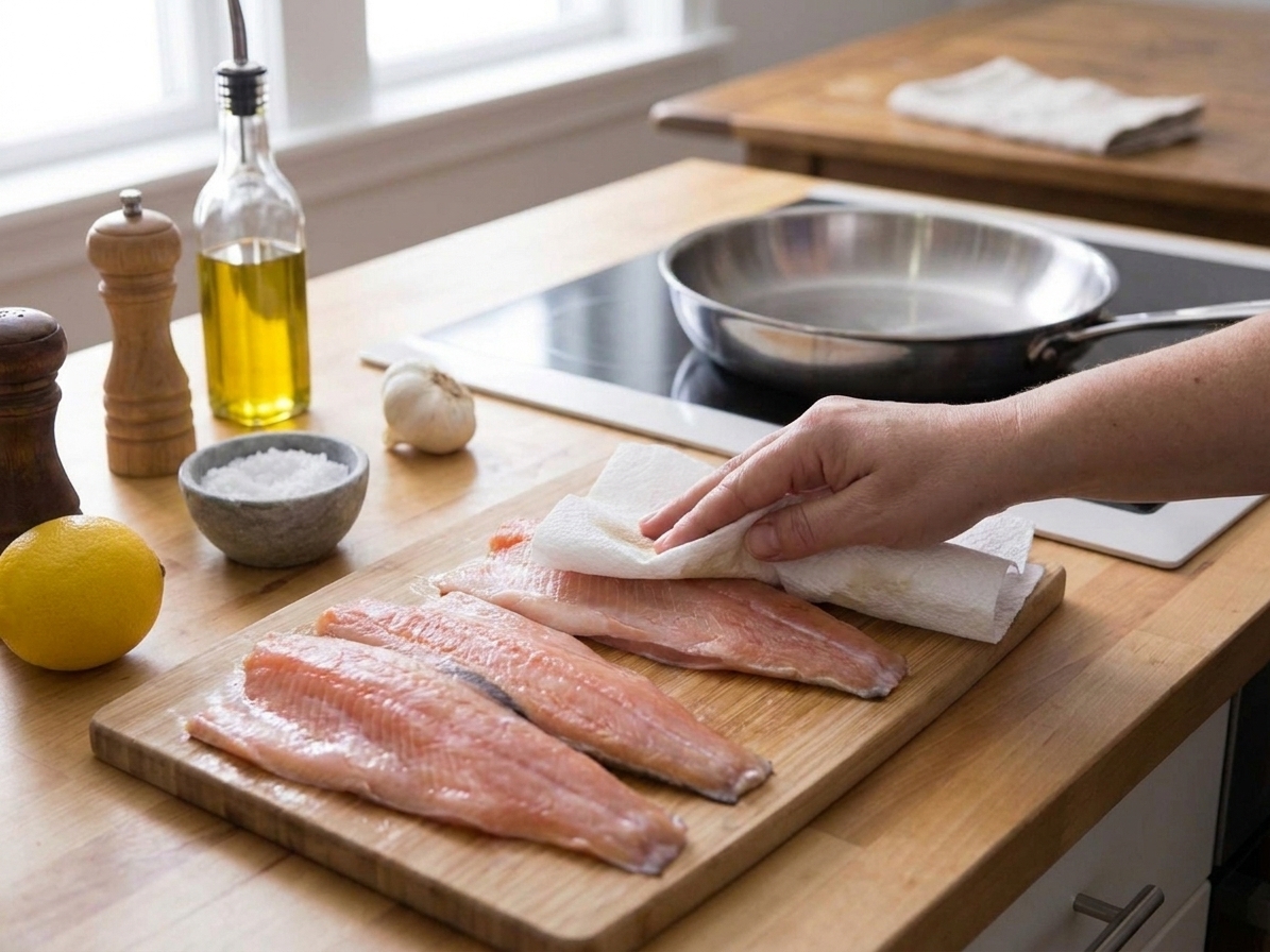 Rainbow trout fillets patted dry with paper towels on a cutting board next to salt, pepper, and a lemon
