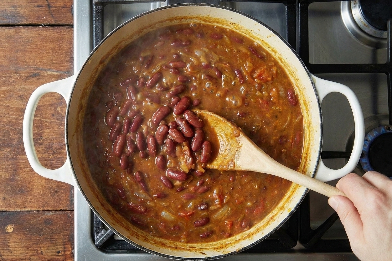 Rajma masala simmering in a deep pot on a stovetop, with visible kidney beans and a glossy tomato gravy bubbling gently