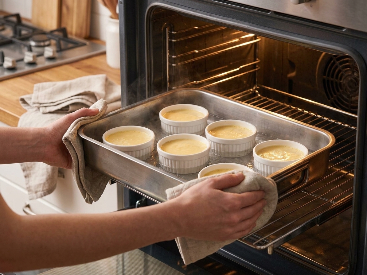 Ramekins filled with pale custard sitting in a roasting pan of hot water, being slid into an oven on a middle rack, warm kitchen lighting