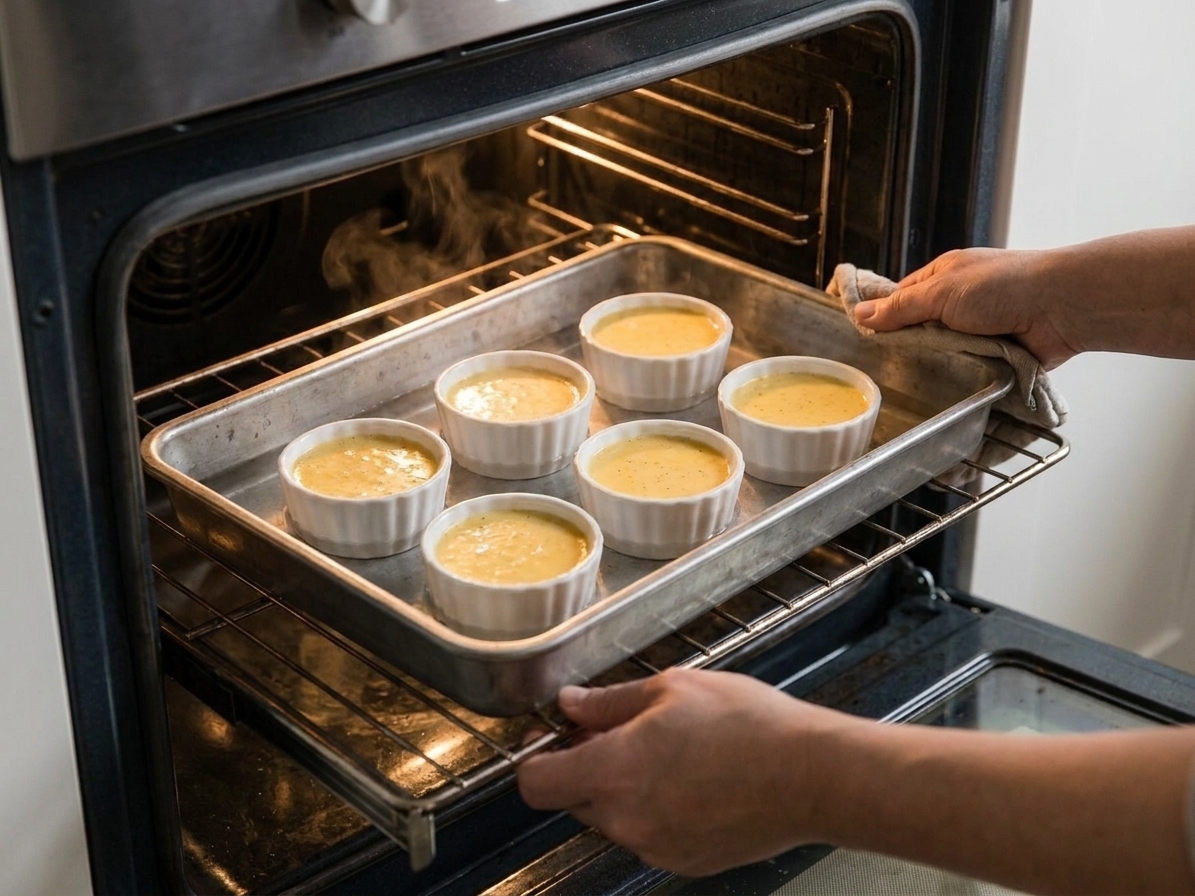 Ramekins sitting in a roasting pan filled halfway with hot water on an oven rack, ready to bake