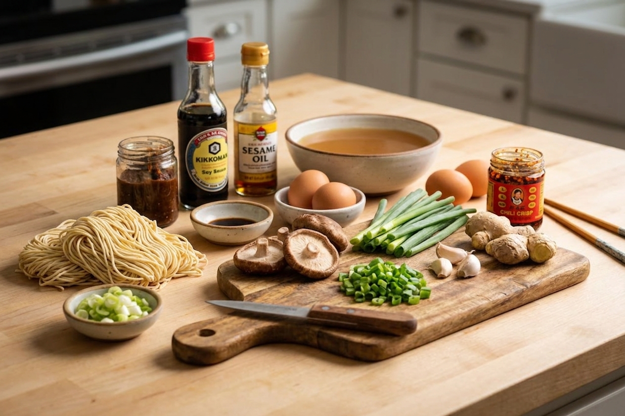 Ramen bowl ingredients arranged on a kitchen counter: noodles, miso paste, soy sauce, broth, eggs, mushrooms, scallions, garlic, ginger, sesame oil, and chili crisp in consistent warm kitchen lighting