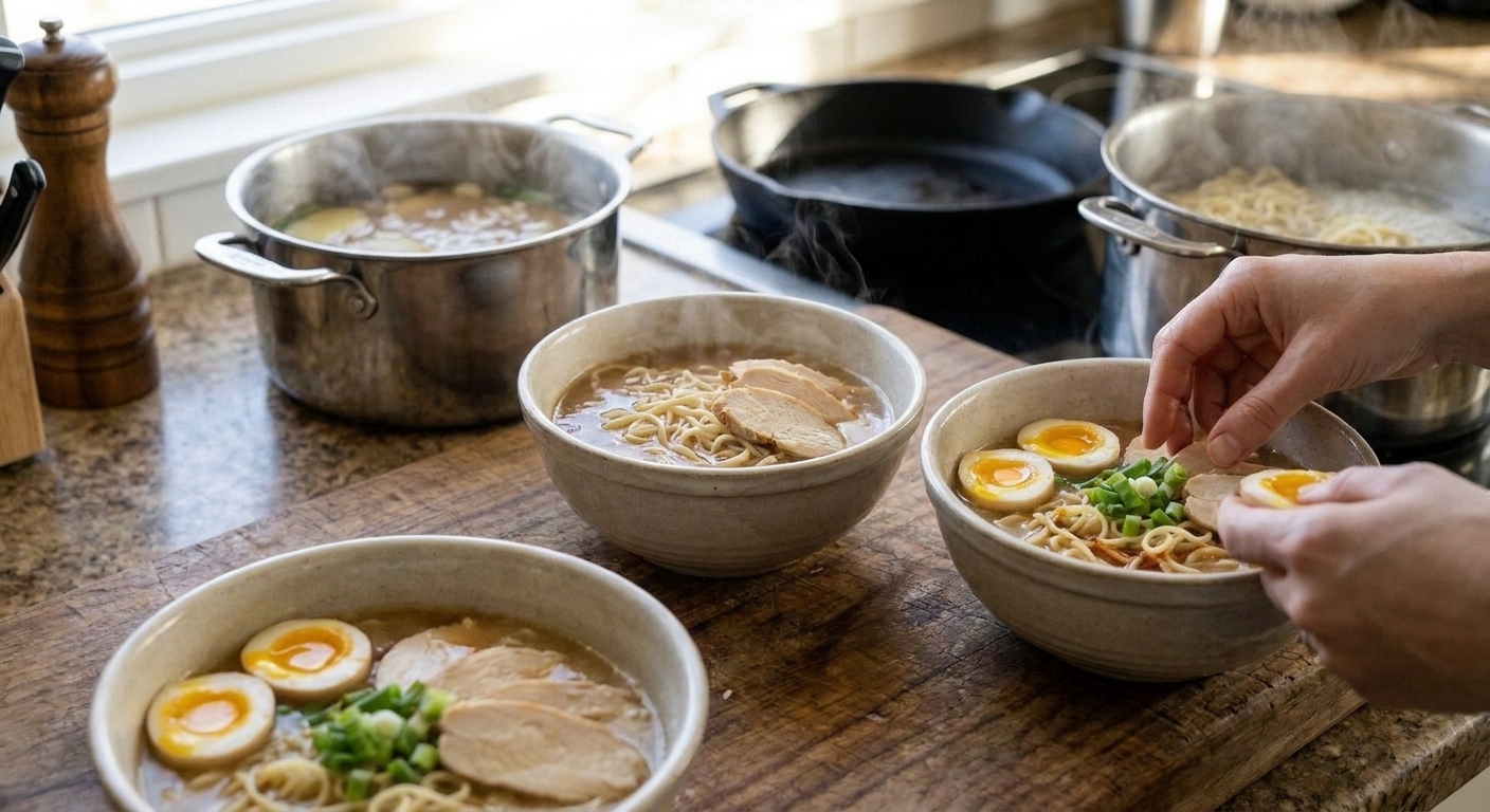 Ramen bowls being assembled on a kitchen counter, adding sliced chicken, scallions, and soft-boiled egg halves to steaming broth