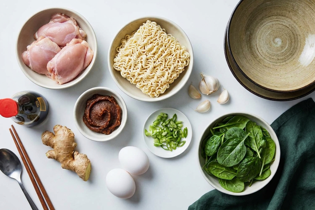Ramen ingredients arranged on a clean kitchen counter, including chicken thighs, ramen noodles, miso paste, soy sauce, ginger, garlic, scallions, eggs, and spinach in small bowls under soft natural light
