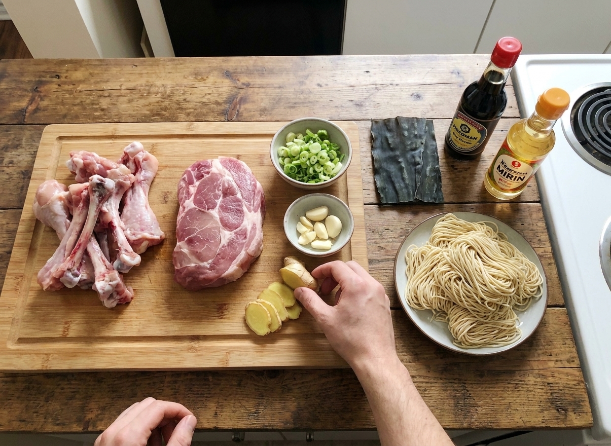 Ramen ingredients laid out including chicken bones, pork shoulder, soy sauce, mirin, ginger, garlic, scallions, kombu, and ramen noodles