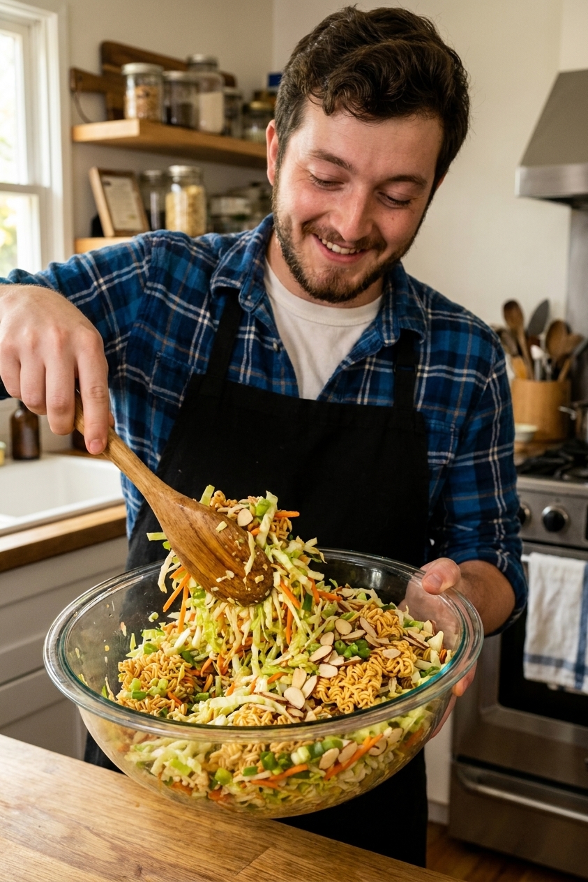 Ramen noodle crunch salad being tossed in a large glass mixing bowl with a wooden spoon, showing cabbage, carrots, scallions, toasted ramen pieces, and almonds